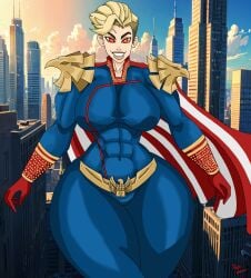1girls 2024 abs abs_visible_through_clothing ai_assisted ai_background artist_signature blonde_hair cape costume dated female female_only flying genderswap_(mtf) gloves glowing_eyes hips hips_wider_than_shoulders homelander hourglass_figure huge_thighs navel navel_visible_through_clothes red_eyes rule_63 smile smiling thatdirtymexican92 the_boys thick_thighs thighs thighs_bigger_than_head tight tight_clothing wide_hips year