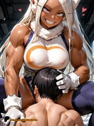 ai_generated blushingcheeks breasts bunny_ears bunny_girl bunny_tail covered_nipples cunnilingus cunnilingus_through_clothes female female_domination femdom fur gloves implied_cunnilingus leotard licking licking_pussy long_hair medium_breasts mirko muscular muscular_female my_hero_academia pussy pussy_juice pussy_juice_drip red_eyes rumi_usagiyama saliva smirk superheroine tan_body tan_skin thighhighs white_hair