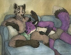 2boys black_fur black_nose blue_eyes briefs brown_eyes bulge canine clothing crotch_sniffing duo fox fur gay grey_fur jewelry male male_only mammal musk musk_play navel necklace nipples purple_fur sicklyhypnos sitting sofa underwear white_fur yaoi