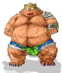 2015 armor barazoku bear facing_viewer flaccid full_portrait grizzly_bear helmet humanoid_penis kemono kotobuki male mammal muscular obese overweight partially_cothed penis pose scar solo standing