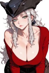 1female 1girls 2025 ai_assisted ai_generated background big_breasts bloodborne blush blush_lines blushing_female breasts cleavage clothed clothing female female_focus female_only fromsoftware green_eyes hips lady_maria_of_the_astral_clocktower large_breasts light-skinned_female light_skin lips looking_at_viewer no_bra no_panties ponytail pose posing posing_for_picture posing_for_the_viewer seductive seductive_eyes seductive_look seductive_smile simple_background smile smiley_face smiling smiling_at_partner sweater tricorne uncensored video_game video_game_character video_game_franchise video_games white_hair