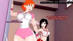 2girls black_hair black_hair_female blue_eyes breasts clothed_female english_text female female_only gym_clothes gym_shorts gym_uniform multiple_girls nakadashi nakadashi_(artist) nora_valkyrie orange_hair orange_hair_female red_highlights ruby_rose rwby silver_eyes text
