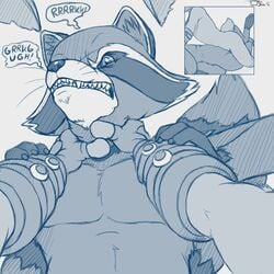 2016 anthro armor asphyxiation blackjack_o'hare chest_tuft clothing convenient_censorship dialogue domination duo finger_claws first_person_view frottage gloves guardians_of_the_galaxy looking_at_viewer male male_on_male male_only marvel monochrome neck_grab nude pecs ringtail rocket_raccoon sex snarling strangling teaselbone teeth text tuft vambraces yaoi