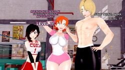 1boy 2girls black_hair black_hair_female blonde_hair blue_eyes boxing_ring breasts english_text female generic_male gym_clothes gym_shorts gym_uniform male multiple_girls nakadashi_(artist) nora_valkyrie orange_hair orange_hair_female red_highlights ruby_rose rwby shirtless shirtless_male silver_eyes text
