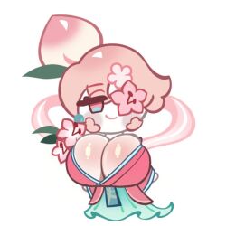 ai_generated bigger_&_better breasts cleavage clothed cookie_run cookie_run_kingdom female female_only huge_breasts no_bra peach_blossom_cookie revealing_clothes shortstack teasing