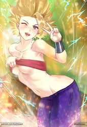 1girls aura blonde_hair breasts caulifla cleavage dragon_ball dragon_ball_super electricity female female_only green_eyes koshio light-skinned_female light_skin looking_at_viewer saiyan short_hair solo spiky_hair super_saiyan super_saiyan_2 v