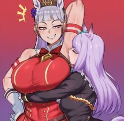 ai ai_generated arm_under_breasts armpit armpit_crease armpit_fetish bakushin_o_armpit_gif_(meme) big_breasts female female_only gold_ship_(umamusume) horse_ears licking_armpit mejiro_mcqueen_(umamusume) purple_hair rayasox silver_hair smirk tongue umamusume umamusume_pretty_derby yuri