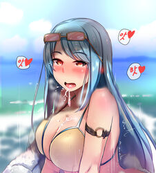 arm_belt bangs bikini_top blue_hair blush breasts breath cum cum_on_body cum_on_breasts cum_on_hair cum_on_upper_body cumdrip ear_blush eyebrows_visible_through_hair eyewear_on_head female female_only girls'_frontline heart heart-shaped_pupils heavy_breathing highres implied_sex large_breasts long_hair looking_at_viewer m249_saw_(girls'_frontline) nose_blush o-ring open_mouth saliva solo speed_lines steam strap_gap sunglasses swept_bangs symbol-shaped_pupils tongue tongue_out towel upper_body very_long_hair yellow_eyes yellowseeds