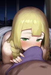 ai_generated bulge cock_under_clothes dark-skinned_male female interracial kinky light-skinned_female lillie_(pokemon) long_hair looking_back male on_bed penis pokemon sniffing_bulge sniffing_penis underwear