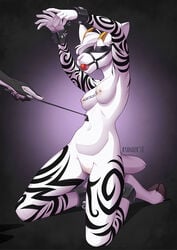 2018 anthro ball_gag blindfold bondage breasts caprine digital_media_(artwork) female gag goat hooves kneeling kyander mammal moo_lawgoat nipples nude pussy riding_crop simple_background solo_focus vasira whip