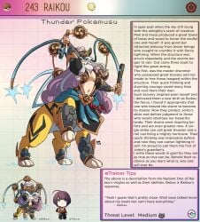 1boy 1girls centaur character_sheet creature_index english_text female generation_2_pokemon hi_res human kinkymation legendary_pokemon long_hair male monster_girl nintendo pokemon pokemon_(species) pokemusu pokephilia profile purple_eyes purple_hair raikou text text_box twintails two-tone_hair white_hair