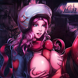 between_breasts big_breasts big_penis blue_eyes breasts character_request clothing detailed_background female hand_on_breast heart helmet huge_breasts huge_cock large_breasts large_penis lipstick long_hair male nipples original paizuri penis pink_hair servilesatyr solo_focus straight teeth thick_penis vein veiny_penis