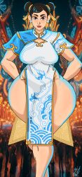 1girls 2023 ai_assisted ai_generated_background artist_signature asian asian_female black_hair brown_eyes chun-li dated dress earrings female female_only hands_behind_back hips hips_wider_than_shoulders huge_butt huge_thighs red_lipstick street_fighter thatdirtymexican92 thick_thighs thighs wide_hips year