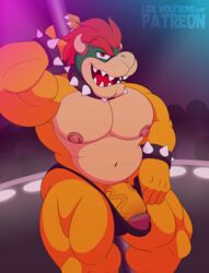 1boy bowser crowd humanoid_penis indoors koopa male male_focus male_only mario_(series) nintendo nipples penis pole scalie silhouette smile solo_focus standing stripper_pole vein veiny_penis video_games wolfbuns