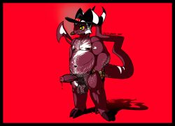 2025 abdominal_scar anthro arm_hair arm_scar belly big_penis black_border body_hair border chest_hair cigar cigar_in_mouth clothing crimson_(helluva_boss) darkened_genitalia dated demon digital_drawing_(artwork) digital_media_(artwork) electricpants138456 facial_hair fedora genitals hair hand_on_hip happy_trail hat headgear headwear hellaverse helluva_boss hooves horn humanoid imp jewelry leg_scar male markings mature_male navel nipple_piercing nipples nude nude_male object_in_mouth overweight overweight_male penis piercing pubes red_body ring ring_(jewelry) scar smoke smoking smoking_cigar solo spade_tail standing tail tail_markings tail_scar thick_thighs three-quarter_view white_hair yellow_eyes