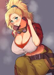 1girls belt blonde_hair blush breasts capcom cleavage cropped_jacket female female_focus female_only freckles gemma_(monster_hunter_wilds) goggles goggles_around_neck gradient_background green_eyes green_pants grey_background highres huge_breasts jacket leaning_forward long_hair looking_at_viewer madsensei midriff monster_hunter monster_hunter_(series) monster_hunter_wilds navel official_alternate_costume open_clothes open_jacket pants ponytail red_jacket shirt simple_background solo sweat white_shirt