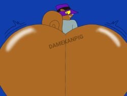 1boy anthro artist_logo artist_name ass ass_bigger_than_head ass_focus ass_jiggle asscheeks big_ass big_butt big_butt_(male) big_buttocks blue_background brown_fur butt buttcheeks buttocks coat damekanpig fanart gigantic_ass hanna-barbera hat huge_ass hyper hyper_ass hyper_butt inflation large_ass male male_only massive_ass purple_hat rodent sciurid secret_squirrel secret_squirrel_show shaking_ass squirrel squirrel_tail tail text yellow_eyes