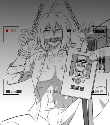 1boy ahoge bondage boner boner_in_underwear chained_wrists chains crying crying_with_eyes_closed danganronpa danganronpa_another fanganronpa gagged male male_focus male_only otori_teruya recording recording_video tied_up