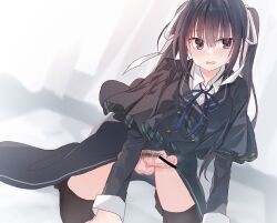 1girl black_hair black_skirt black_thighhighs censored commentary_request female_pubic_hair futanari hair_ribbon honma_misuzu linden no_panties open_mouth penis pubic_hair ribbon sakura_no_uta school_uniform shirt skirt solo testicles thighhighs white_shirt