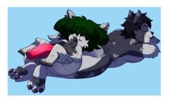 afro anthro ass avian balls balls_tuft beak belly big_balls big_hair bird_lemonfaace black_hair breasts canid canine canis casual_nudity claws closed_eyes duo feet fluffy fluffy_tail fur futanari genitals green_hair grey_body grey_fur hair hi_res huge_balls intersex lilithdog lounging lying male mammal nipples nubbed_penis on_front overweight pawpads paws penis pubes red_penis resting short_stack sitting_on_balls size_difference slightly_chubby slightly_chubby_intersex spots tail talons thick_thighs toes tuft wolf zairuz