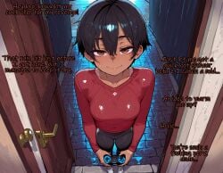 1female 1girls absurd_res absurdres ai_assisted ai_generated ass big_ass big_butt black_hair black_shorts breasts brown_eyes comic controller cute dark-skinned_female dark_hair dark_skin dialog dialogue female female_only medium_breasts muscles muscular muscular_female original red_sweater sadie_(sandcrop) sandcrop short_hair short_shorts shorts small_breasts sneakers solo solo_female sports_shorts sportswear sweater talking_to_partner talking_to_viewer tan tan_body tan_skin tanline tanlines thick_thighs thighs tomboy wet wet_body wet_clothes wet_clothing wet_hair wide_hips