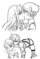 blush darling_in_the_franxx dominant_female female hugging_from_behind human kissing mitsuru_(darling_in_the_franxx) sex submissive_male zero_two_(darling_in_the_franxx)