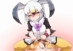 bird_tail black-tailed_gull_(kemono_friends) black_panties blush breath closed_mouth cowgirl_position cum cum_in_pussy dress dress_lift eyebrows_visible_through_hair female frilled_dress frills gradient gradient_background grey_hair hair_between_eyes head_wings kemono_friends lifted_by_self long_hair multicolored_hair panties panties_aside panties_under_pantyhose pantyhose sex short_sleeves simple_background smile solo_focus straddling sweat tanaka_kusao torn_clothes torn_pantyhose underwear white_hair wristband yellow_eyes yellow_legwear