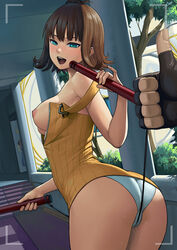 areolae ass blue_eyes breasts brown_hair female final_fantasy final_fantasy_viii lasterk looking_at_viewer looking_back nipples panties selphie_tilmitt solo_focus