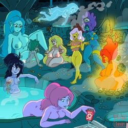 9girls adventure_time bending_over big_ass big_breasts black_hair blonde_hair blue_body blue_hair blush blush_lines breakfast_princess breasts_bigger_than_head breasts_out canyon_(adventure_time) cartoon_network cave chubby chubby_female closed_eyes completely_nude completely_nude_female cottondandy covering_breasts cyan_body cyan_hair digital_drawing_(artwork) digital_media_(artwork) drool drooling excited excited_female fat_breasts female female_only fionna_the_human_girl fire_hair flame flame_hair flame_princess flaming_hair floating ghost ghost_girl ghost_princess giantess glowing glowing_body glowing_eyes gold_bracelet gold_jewelry green_eyes green_hair green_skin grey_skin hair_ornament holding_beer holding_object huntress_wizard jungle_princess leaves_in_hair long_hair looking_at_another marceline marceline_abadeer meditation multiple_girls naked naked_female naked_woman obscured_eyes pierced_nipples pink_body pink_hair pink_skin plump ponytail princess_bubblegum purple_hair reaching reaching_for_object relaxed relaxing sauna self_upload signature squishing stalking steam surprised surprised_expression towel translucent_body underground vampire vampire_girl white_hair woman_only yellow_body yellow_skin yuri