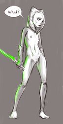 1girls 2014 ? ahsoka_tano alien alien_girl areola armwear armwear_only breasts clone_wars clothing dialogue english_text facial_markings feet female female_only front_view full-length_portrait gloves glowing green_lightsaber grey_background head_tails holding_object holding_sword holding_weapon humanoid humanoid_feet jedi jedi_padawan lightsaber markings melee_weapon mostly_nude nipples nude nude_female nudity partially_colored portrait pubic_tattoo pussy question science_fiction seord simple_background sketch skinny small_breasts solo speech_bubble spot_color standing star_wars sword text togruta tourbillon weapon