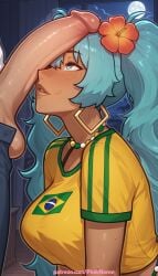 1boy 1girl 2026 ai_generated aqua_hair artist_name boobs brazilian_miku breasts bust chest cock dark_skin dick earrings flower hair_flower hair_ornament hatsune_miku hetero hi_res high_quality highres huge_penis jewelry large_penis long_hair patreon patreon_username penis penis_awe penis_on_face pinkname solo_focus sweat tits uncensored vocaloid watermark
