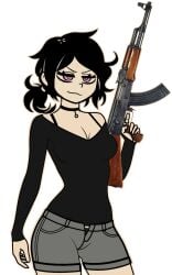 1girl 1girls ak47 ak_47 ashley_graves belly belly_button black_hair black_sweater breasts danger dangerous female female_focus female_only legs medium_breasts necklace pants pink_eyes pussy sweater the_coffin_of_andy_and_leyley thighs waist weapon