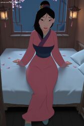 1girl ai_generated black_hair hi_res high_quality high_resolution japanese_clothes kimono lips lipstick makeup mole mole_under_mouth on_bed patreon seductive sexy sitting solo spicytoonai uncensored watermark
