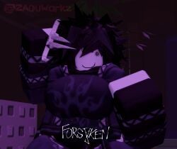 2026 3d artist_name big_breasts black_hair breasts clothed coat copyright_name crimstuff dagger dark_clothing fingerless_gloves forsaken_(roblox) fully_clothed gloves hair_over_one_eye holding_weapon long_sleeves looking_at_viewer night nonbinary nonbinary_(lore) outdoors purple_lighting roblox roblox_game robloxian sfw shirt short_hair sleeves smile solo spiky_hair standing thick_thighs thighs twitter_username two_time watermark white_eyes white_skin zaduworkz