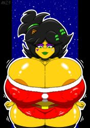 1girls belya_(belyasnikov) belyasnikov big_breasts breasts christmas christmas_clothing christmas_outfit enormous_breasts female female_only giant_breasts gigantic_breasts huge_breasts huge_thighs hyper_breasts large_breasts massive_breasts miniskirt nipples_visible_through_clothing plump_thighs santa_costume stockings thick_thighs thighs thunder_thighs wiggle_lines