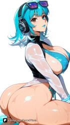 1girl ai_generated artist_name ass bangs barefoot blue_eyes blue_hair breasts brown_eyes cleavage covered_nipples eyewear_on_head headphones heterochromia huge_ass large_breasts lips lipstick looking_at_viewer luna_snow luna_snow_(cool_summer) luna_snow_(marvel_rivals) makeup marvel marvel_comics marvel_rivals medium_hair one-piece_swimsuit patreon questionable see-through seiza senpai_pixels simple_background sitting solo sunglasses swimsuit thick_thighs thighs water wet wet_clothes white_background