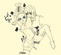 1boy 1girls arms_up bar_censor blue_eyes blush bound_wrists breasts_out canon_couple demon_slayer female green_eyes inosuke_hashibira kanzaki_aoi_(kimetsu_no_yaiba) kimetsu_no_yaiba looking_pleasured male ofuda pelvic_curtain small_breasts smile spot_color thighhighs twintails vaginal_penetration yellow_background