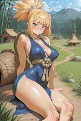 1girl ai_generated barrel basket blonde_hair blue_eyes blue_sky blush breasts choker cleavage day dr.stone dress grass hi_res high_quality high_resolution kohaku_(dr.stone) large_breasts looking_at_viewer mountain outdoors patreon ponytail savvyraexo seductive sexy shiny shiny_skin sitting sky solo thighs tree uncensored watermark