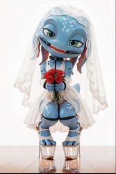 1boy ai_generated amphibian ballgag bondage bound bound_knees bound_wrists bouquet collar crossdressing fizz_(lol) green_eyes half-closed_eyes high_heels league_of_legends male platform_heels simple_background wedding_dress wedding_veil yordle
