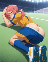 1boy ai_generated ass big_ass blue_eyes blush femboy gay hips ia_generated inazuma_eleven_(series) inazuma_eleven_go kirino_ranmaru long_hair nsfw pink_hair sexy_body sexy_pose shorts