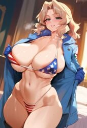 1girls 2d ai_generated american_flag_bikini big_breasts bikini blonde_hair female female_focus female_only girls_und_panzer highleg highleg_bikini kay_(girls_und_panzer) large_breasts micro_bikini navel solo solo_female solo_focus tagme