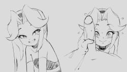1girl 2026 anonymous_male bangs belly_button dress female hand_on_penis headband long_hair looking_at_viewer monochrome necklace oc original_character penis penis_on_cheek smiling smiling_at_viewer surprised sweat tenshigarden