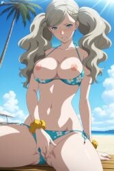 1girl ai_generated ann_takamaki atlus beach bikini bikini_bottom_aside blonde_hair blue_bikini blue_eyes blue_sky blush breasts breasts_out clenched_teeth clothes_pull clothing_aside cloud collarbone day digitalwaifugallery female_masturbation fingering floral_print hair_ornament hairclip halterneck hi_res high_quality high_resolution large_breasts long_hair looking_at_viewer masturbation navel nipples outdoors palm_tree patreon pussy pussy_juice scrunchie seductive sexy side-tie_bikini_bottom sitting sky solo spread_legs stomach swept_bangs swimsuit teeth tree twintails umbrella uncensored watermark wrist_scrunchie yellow_scrunchie