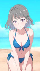 1girls bare_legs bare_shoulders beach blue_bikini blushing brown_hair cleavage collarbone looking_at_viewer medium_breasts short_hair sitting string_bikini tanikita_akari