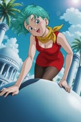 1girl :d ai_generated aqua_hair arm_support black_pantyhose blue_eyes blue_sky blush breasts bulma_briefs cleavage cloud day digitalwaifugallery dragon_ball dress earrings eyelashes green_hair hi_res high_quality high_resolution jewelry looking_at_viewer medium_breasts neckerchief open_mouth outdoors palm_tree pantyhose patreon pillar red_dress scarf seductive sexy short_dress short_hair sky sleeveless sleeveless_dress smile solo sun teeth tree uncensored watermark yellow_neckerchief yellow_scarf