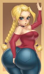 1girls adult_swim ai_generated blonde_hair blue_eyes cindy_mcphearson clothed clothed_female digging_up_in_they_ass female fusionfall solo solo_female the_boondocks twin_braids