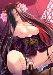 1boy 1girls artist_name bare_shoulders black_hair blush breasts butter-t censored closed_eyes collarbone cowgirl_position cum cum_in_pussy dark-skinned_male dark_skin drooling facing_viewer female hair_ornament hair_over_one_eye hand_on_own_chest interracial japanese_clothes kejourou_(monster_girl_encyclopedia) kimono large_breasts light-skinned_female light_skin long_hair mole mole_under_eye monster_girl_encyclopedia mosaic_censoring nipples off_shoulder penis pubic_hair sex smile solo_focus spread_legs squatting straddling succubus sweat vaginal_penetration very_long_hair