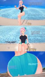 3d 3girls artoria_pendragon artoria_pendragon_(lancer) ass bikini body_growth body_growth_(enlargement) english_text fate/grand_order fate_(series) female female_focus giantess growth huge_ass kama_(fate/grand_order) kama_(swimsuit_avenger)_(fate) koikatsu miyamoto_musashi_(fate) miyamoto_musashi_(swimsuit_berserker) one-piece_swimsuit pink_hair swimsuit text trapped_under_ass xavierhuge