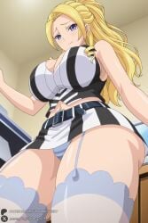 1female 1girl 1girls 2026 ai_generated artist_name belt big_ass big_breasts blonde_hair blue_eyes breasts cleavage curvy from_below garter_straps hi_res high_quality high_resolution highres huge_ass huge_breasts large_breasts long_hair looking_at_viewer mankitsu_happening midou_sayaka miniskirt navel panties patreon patreon_username ponytail purple_eyes skirt sleeveless smile solo striped striped_panties thighhighs thighs underwear unjobdespiert watermark white_thighhighs