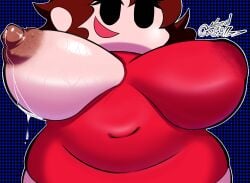 artist_name artist_request artist_signature big_breasts breast_out chubby chubby_belly chubby_female dark_nipples dress dumb dumb_face dumb_girl erect_nipples friday_night_funkin huge_breasts large_breasts long_hair milk milk_drip milking_breasts tag_request
